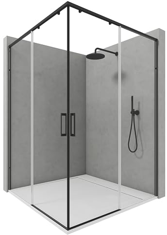 NEBADOON Mampara de Ducha Angular 2 Fijos + 2 Correderas - Mamparas de ducha Corredera Cristal Templado 6 mm Antical Negro Mate Puertas Reversibles – 67,5–70 x 117,5–120cm Adaptable 4cm x 195cm Alto
