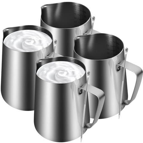 Lot de 4 pots à lait de 900 ml en acier inoxydable avec graduations - Avec agitateurs - Barista - Pour les amateurs de café, restaurants, bars - Pour latte cappuccino