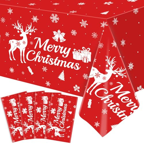4 Stück Weihnachtstischdecken Rentier Tischdecken Winter Schneeflocken Tischdecke Plastik Weihnachts Tischdecke Weihnachtsdekoration Weihnachtsfeier Dekoration Neujahrsfeier Partyzubehör 86 x 51 Zoll