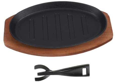 CONGARTENO Cast Iron Steak Grill Pan 12-inch Western Steak Iron Plate Wooden Base and Fork Teppanyaki Sizzling Fajita Skillet for Grilling and Serving