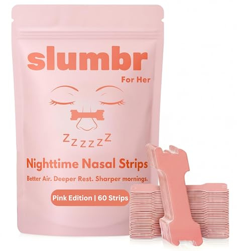Slumbr Nasal Strips (60 Count) – Slim Fit Design for Smaller Noses – Extra-Strength Grid Adhesive – Nighttime Comfort, Clear Breathing & Consistent Sleep Routines (for Her – Pink)