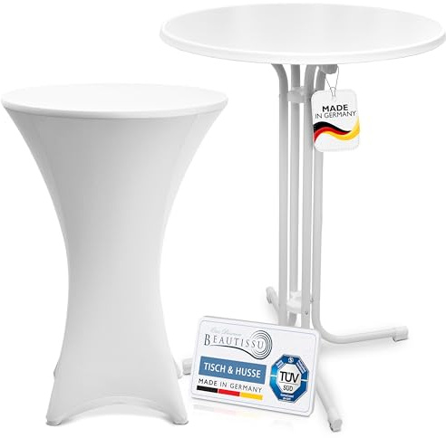 Beautissu Outdoor Stehtisch klappbar mit Husse 80cm TÜV Partytisch | Weiß wetterfester mit Stretch Stehtischhusse platzsparender Bistrotisch Gastro-Qualität Stella Weißer Set Sylt