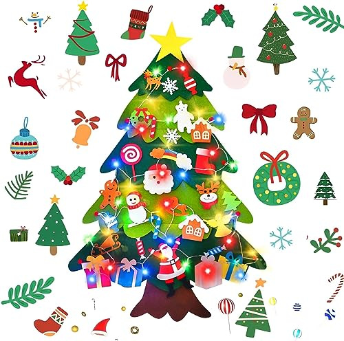 Arbre de Noël en feutre à faire soi-même pour tout-petits, Arbre de Noël mural avec lumière et décoration, Ensemble d’arbre de Noël à faire soi-même pour enfants, Décorations de Noël/Nouvel An