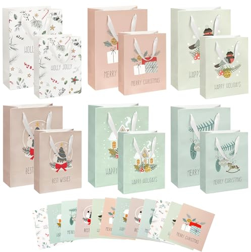 WUQNGI 12 Stk Geschenktüten Weihnachten, Groß Klein Verschiedene Größen Weihnachtstüten Papier Set mit Weihnachtskarten, Papiertüten Weihnachten mit Henkel, Geschenkverpackung Weihnachts Kinder