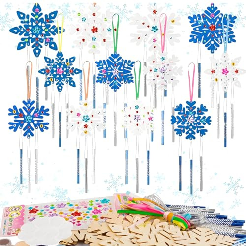 Teegxddy 12 Stück Schneeflocke Windspiel Bastelset Weihnachten Kinder, Schneekristall Basteln Holz Bilderrahmen,Zum Bemalen Eiskristalle Kreativsets