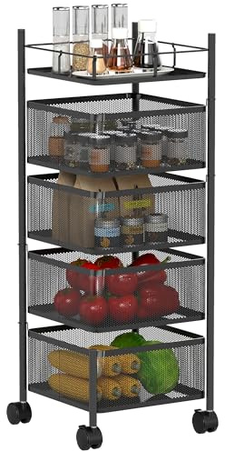 HOMCOM Desserte de Cuisine à roulettes à 5 Niveaux, Chariot de Rangement avec 4 paniers rotatifs, étagère supérieure, Chariot de Cuisine et Salle à Manger, 27,5 x 27,5 x 77 cm, Noir
