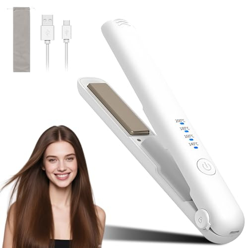 Mini-plattång trådlös, 2-i-1 resa plattång mini med 4 temperaturer locka rakt järn och utjämning med LCD-skärm bärbart resa slätt järn med USB-C-laddning, 30 s snabb uppvärmning (vit)