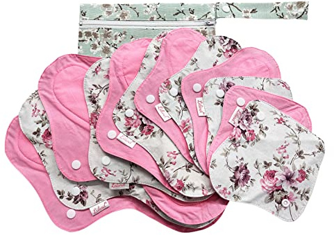 Lilind® 12 Pack Organic Cloth Pads on Vintage Flowers with Wet Bag, Jumbo Starter Set, Reusable Washable Menstrual Sanitary Napkins, Waterproof Family Cloth, Zero Waste 100% Cotton