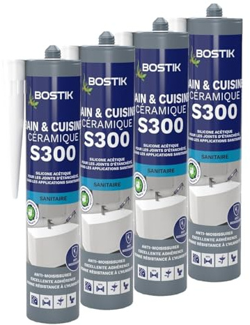 Bostik S300 – Mastic Silicone Etanchéité Bain et Cuisine – Traité Anti Moisissure – Facile à Lisser – Résiste aux Produits d'Entretien – Transparent – Cartouche de 300 ml (Lot de 4)