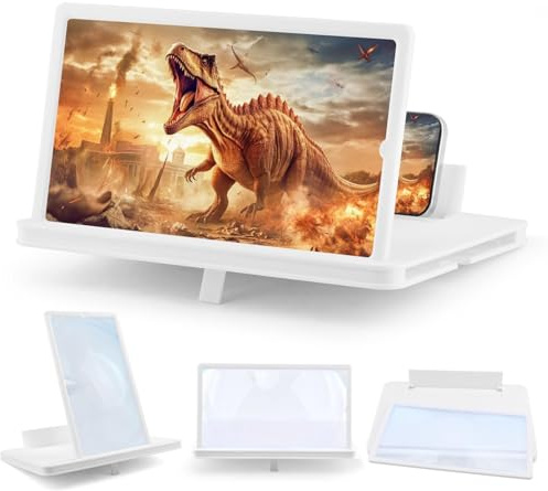 12Upgraded Screen Phone Magnifier, Portable HD 3D Magnifying Projector Horizontal Screen Enlarger with ScreenAmplifier, Foldable Cell Phone Stand Supports for All Smartphones(White)