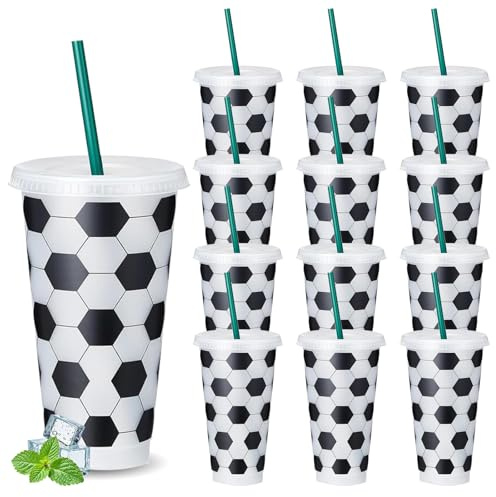 Yuragim Lot de 12 gobelets réutilisables en plastique avec couvercle et paille, 710 ml, pour fête, adultes et enfants