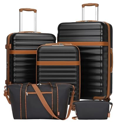 KONO Koffer 5er Set Hartschalenkoffer ABS+PC, Handgepäck/Mittel/Groß Reisekoffer mit TSA Schloss, Erweiterbar, Leichte, Doppelrollen, inkl. Reisetasche & Kulturbeutel, Familienurlaub, Schwarz/Braun