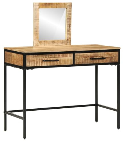 Générique Tavolo da toeletta in legno di mango massiccio marrone con cassetto, tavolino da toilette minimalista con specchio e telaio in metallo nero, mobile portaoggetti cosmetico per camera da letto
