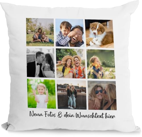 Kissen mit Fotocollage (9 Bilder + Wunschtext) – Individuelles Fotokissen – Personalisiertes Geschenk für Frauen, Männer & Freundin – Deko- & Kuschelkissen Bedruckt mit eigenen Bildern, Weiß/Weiß
