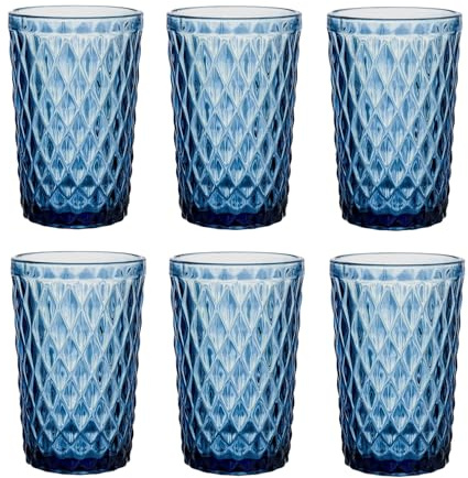 Vintage 6er-Set Farbige Weingläser und Trinkgläser mit Diamant Muster (Netz Blau Trinkglas), Longdrinkgläser, Cocktail Gläser mit Prägung, Glas, Weinglas, Wasserglas, Glaskelche