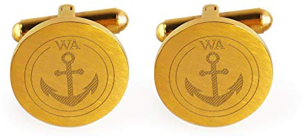 Gravado Gemelli in Acciaio Inox Oro di Forma Circolare con Incisione Personalizzata con Iniziali, Motivo Ancora, Scatola Inclusa, Idee Regalo per Lui, Accessori Eleganti Uomo
