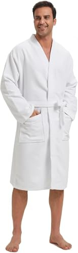 Amazon Essentials Peignoir Léger et Gaufré (Disponible en Grandes Tailles et Grandes Longueurs) Homme, Blanc, M-L