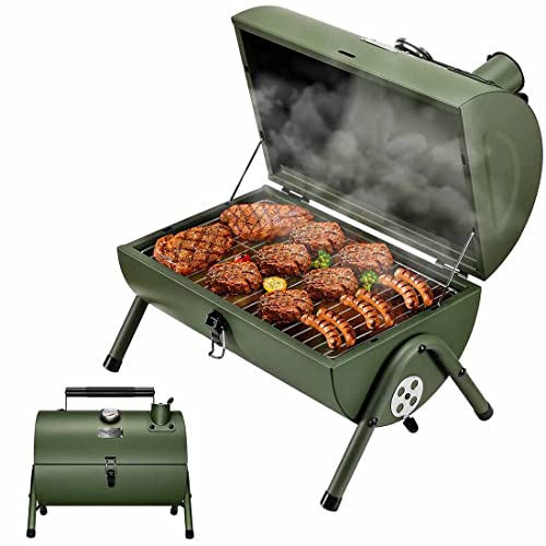 MAISON HUIS Verstellbarer tragbarer Holzkohlegrill, multifunktional, Metall, kleiner Grill, Smoker für Outdoor, Wandern, Picknick (grün)
