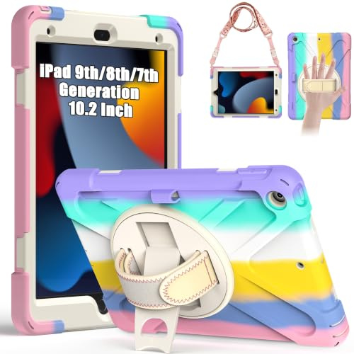 Gerutek Cover per iPad 9a/8a/7a Generazione 10,2 Pollici, Arcobaleno | Custodia Robusta Antiurto con Supporto Girevole a 360°, Cinghia per Mano/Spalla, Portapenne iPad 10.2 (2021/2020/2019)