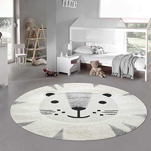 Teppich-Traum Tappeto Cameretta Bambino Asilo Nido da Gioco Playmat 3d pelo alto e basso Motivo Gatto crema grigio bianco, 80 cm rotondo