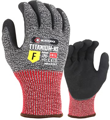 Blackrock Titanium Maximum Cut Resistant Level F Sandy Nitrile Oily Gripper Safety Work Gloves, Near Knife Proof, Whittling, for Men Women, Max Cut 5+, Metal - Size 10/XL