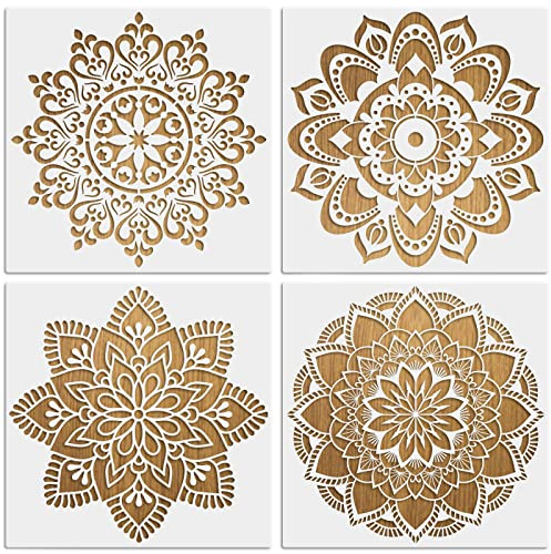 MWOOT 4 Pezzi Grande Mandala Stencils Pittura, Kit Stencil Disegno Fiori, Riutilizzabile Geometrico Mandala Dot Painting Template per Fai Da Te Rocce Parete Cuscini Decorazioni(30x30CM)