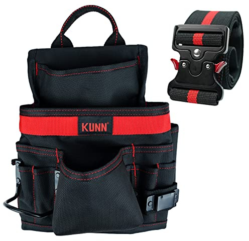 KUNN Utility Tool Belt Pouch Single Nail Pouch and Tool Bag 10 Pockets Heavy Duty Construction Tool Holder,Adjustable Quick Release Metal Buckle Tool Belt for Contractor,Gardening,Carpenter