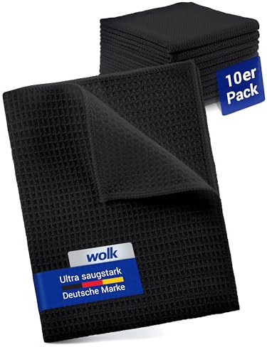 wolk Waffeltücher - Mikrofasertuch mit Waffelstruktur - 10 Stück - Größe: 38 x 38 cm - Farbe: schwarz - Lappen, Reinigungstücher, Putztücher - Bad, Küche, Gastronomie