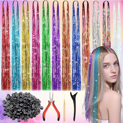 Oneroomone 1440 Hair Tinsel, 12 Farben Glitzer Extensions Set, 37 Zoll Haar Lametta mit Werkzeug, Bunte Haarextension PET, Frauen Mädchen & Kinder Tinsel Hair Extensions Clip, Lametta Die Haare Party
