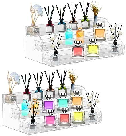 Longzhuo 2pcs Acrylic Riser Display,Perfume Organiser, Collectibles Display Stands, 3-Tier Clear Tabletop Spice Rack Dessert Stand For Decoration & Organizer (12.2x6.3x4.5in)