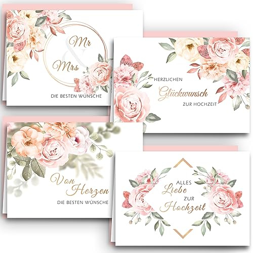 Hochzeit Glückwunschkarten 4er Set Rosen Aquarell mit altrosa Umschlägen Klappkarten elegante und moderne Hochzeitskarten