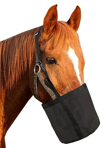 Sac d'alimentation pour chevaux avec coussin de cou confortable, 23,9 x 24,4 cm, en maille pour céréales, seau à foin robuste et durable en PVC avec sangle réglable noir
