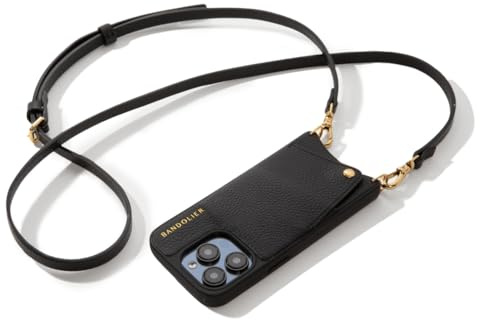 Bandolier Emma Crossbody Wallet Phone Case for iPhone 15 Pro Max. 100% Genuine Pebble Leather. Adjustable & Removable Crossbody Strap. Card Holder with Snap Closure. Black with Gold Hardware