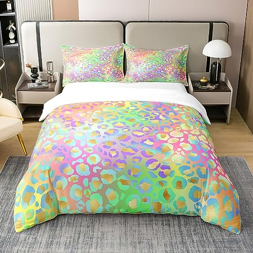Regenbogen Leopard Druck 100% Bio Baumwolle Bettbezug für Jugend,Geparden Bettwäsche Set 200x200,Afrikanische Safari Tier Tröster Abdeckung,Wunderschöne Bett Sets mit 2 Kissenbezüge Home Room Decor