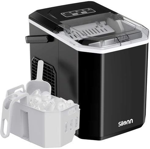 Silonn Ice Maker Countertop, Portable Ice Machine with Carry Handle, Self-Cleaning Ice Cube Makers with Basket and Scoop, 9 Cubes in 6 Mins, 12 KG per Day, Ideal for Home, Kitchen, Camping, RV