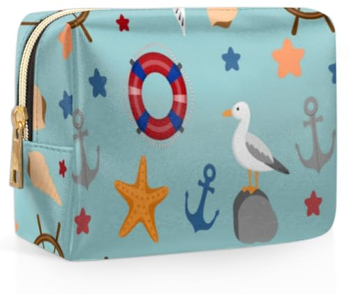 Seagulls Anchor Lifebuoy Conch Travel Makeup Bag Cosmetic Bags for Women Durable Portable Leather Waterproof Small Makeup Bag with 4 Pock for Christmas Birthday Gifts