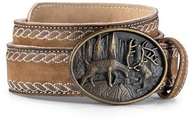 Schöneberger Trachten Couture Trachtengürtel, handgefertigter Lederhosen Gürtel mit Hirsch Schnalle und Stickereien, Ledergürtel Sebastian (braun,54-56)