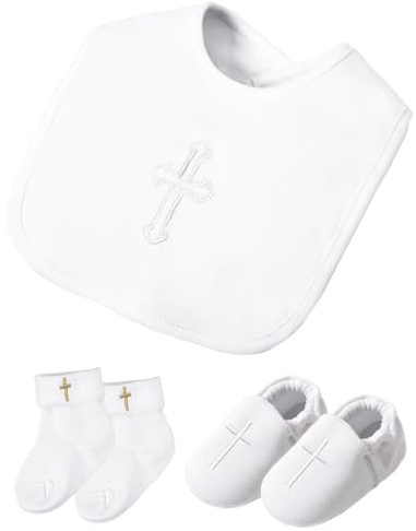 AGJ Baptism Bib Baby Boy Christening Shoes Girls and Infant White Socks Set with Embroidered Cross for Blessing Outfit 6-12 Months