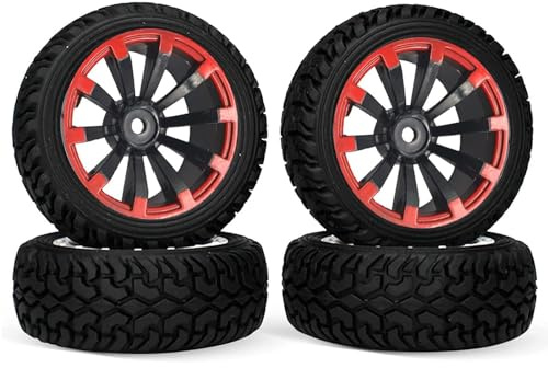 KINGCOO RC Auto Reifen und Räder Set, 4Stück 75mm Gummireifen und Kunststoff Räder 10 Speichen Felgen für 1/10 RC Auf Straße Racing 1/16 RC Rallye Auto für Kyosho Tamiya HSP HPI (Schwarz Rot)