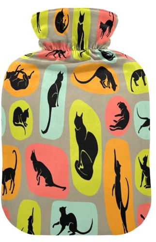 Wärmflasche mit Katzen-Silhouettenmuster, weich, warm für Winter, Bett, Hand, Hals und Schultern, 1 l