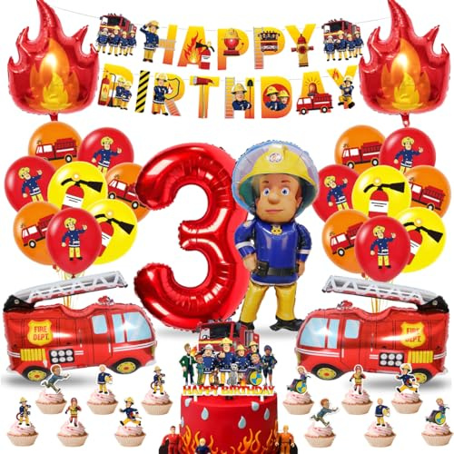 Feuerwehr Deko Kindergeburtstag 3 Jahre Jungen, Feuerwehrmann Geburtstag Deko 3, Feuerwehr Kuchen Deko, Feuerwehr Luftballons, Happy Birthday Banner für 3 Jahre Kindergeburtstag Party Dekoration