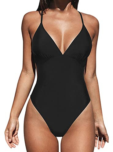 Generico Costume Intero Donna Contenitivo SGAMBATO Costume da Bagno da Donna Arricciato sul Retro con Scollo a V e Spalline Sottili Costume Modellante Donna Pancia Piatta (Black, S)