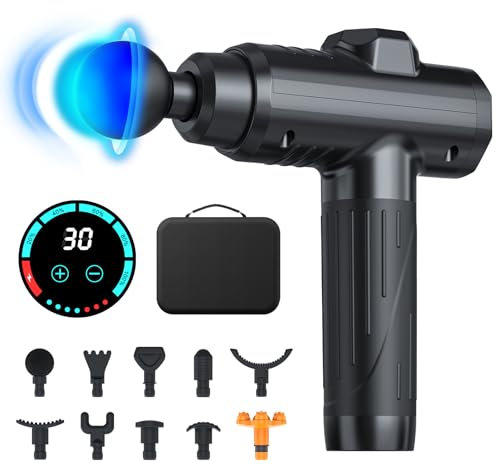 Massage Gun Deep Tissue, Portable Muscle Device with 10 Massage Heads, 2025 Massager 30 Speeds with LCD Touch Screen, Featuring Quiet Glide Technology with Carry Case