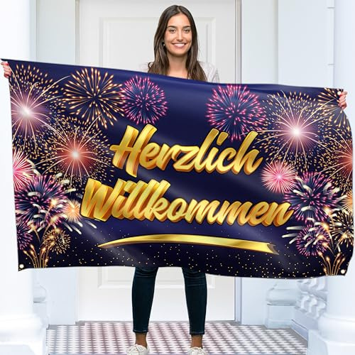 Herzlich Willkommen Banner 150 x 90 cm – Zuhause Girlande – Zurück Deko – Lebendiger Digitaldruck – 110 Den Polyester – Doppelnaht (Blau)