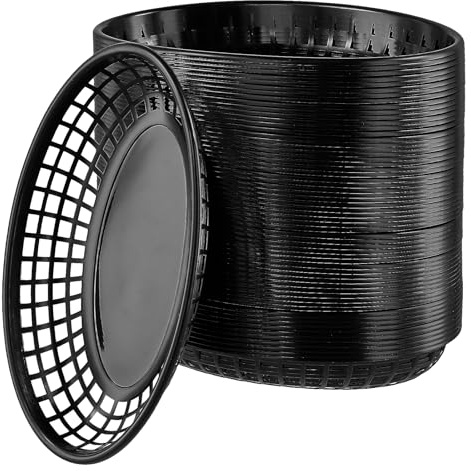 MAKTSAM Lot de 60 paniers alimentaires ovales empilables en plastique noir de 22,5 x 14 x 4 cm, paniers de service pour collations, sandwichs, frites, barbecues, pique-niques, fêtes