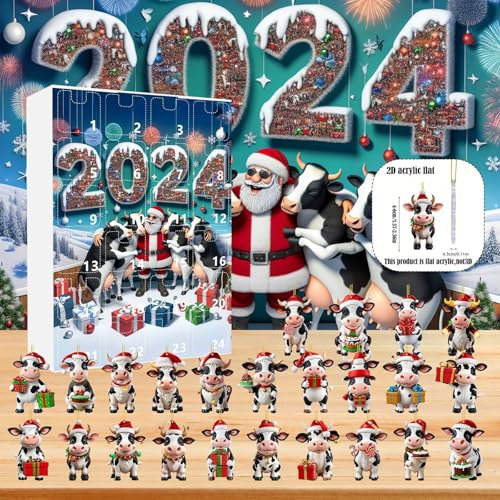 Xmas Gifts 2024 Adventskalender Countdown Kalender 24 Tage Weihnachten Adventskalender Niedliche Kuh Weihnachtsschmuck Anhänger Weihnachten Kuh Figuren und Zubehör
