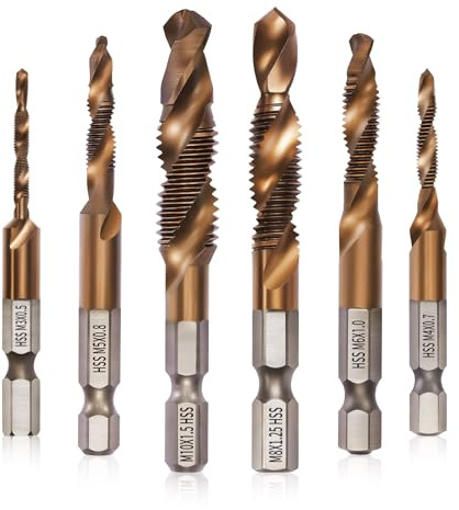 Litorange 6 Pcs 6542 HSS Drill & Taps Bit Set with Cobalt Coating, Screw Tapping Threading Tools in Sizes M3-M10 with 6 mm Hex Shank, Suitable for Professional and Difficult Tapping