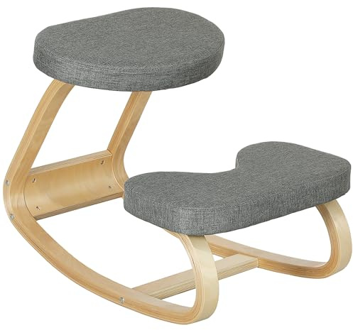 HOMCOM Siège Assis Genoux, Siège Ergonomique en Bois à Bascule, Gris