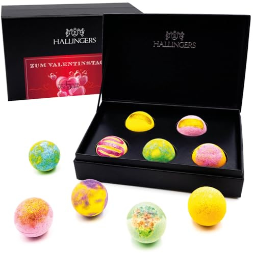 Hallingers Genuss Manufaktur Badebomben Valentinstagsgeschenk-Set - 5x Badekugeln Bath Bombs in edler Geschenkbox, Frauen Badeperlen-Wellness & Spa Zum Valentinstag, Valentintstag für Frauen Männer