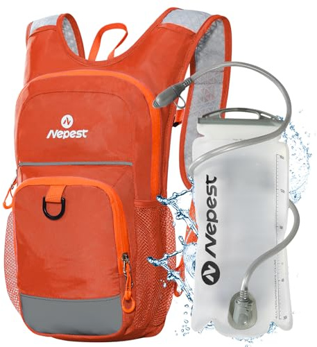 Nepest Zaino idrico per bambini, mini zaino con sacca d'acqua da 1,5 l, per escursionismo, ciclismo, corsa, arancione